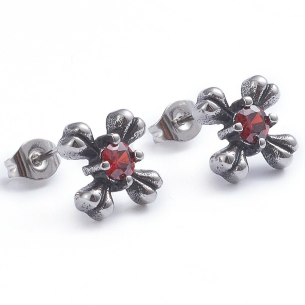 💝5/$25💖  Stainless steel Cross Bones Stud earrings W Red Crystal